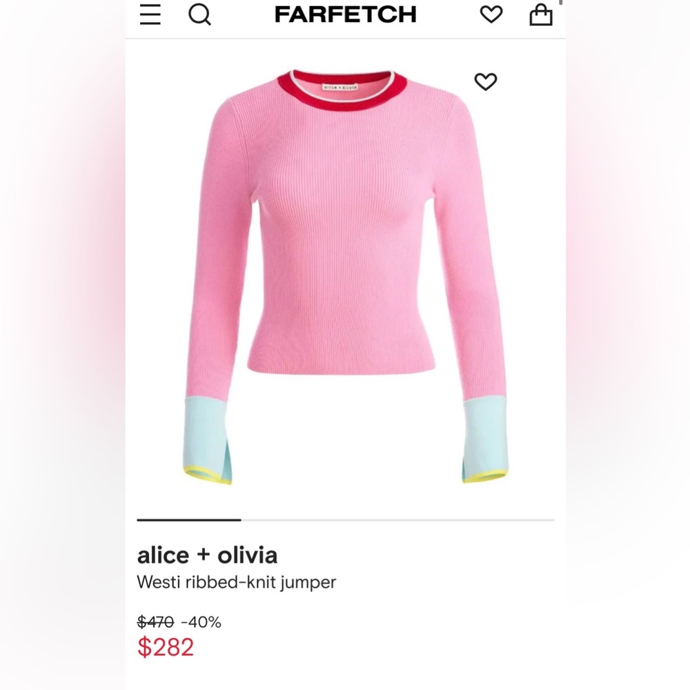 Alice and Olivia Pink crew neck sweater with Blue bell cuffs , Small